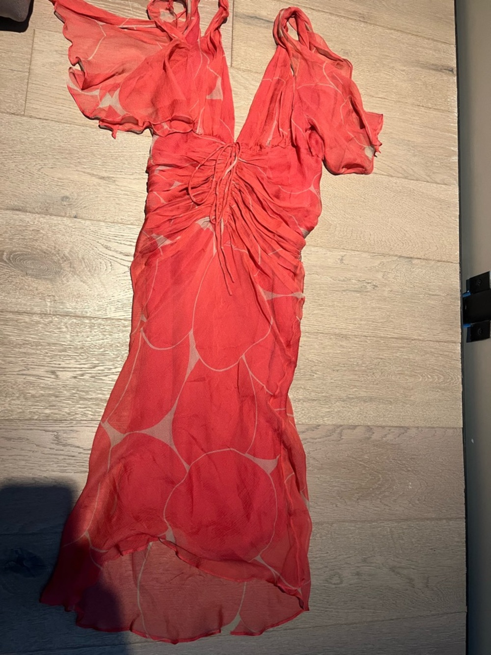Gucci Coral Red Sheer Ruched Silk Dress - Picture 8 of 9